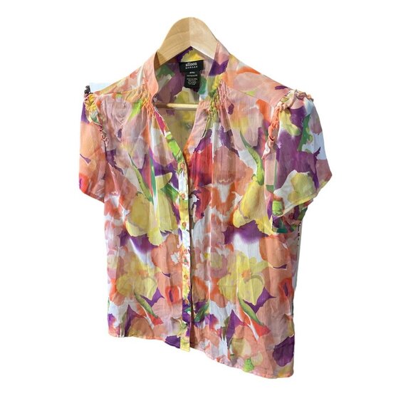 Allison Morgan Sheer Colorful Floral Short Sleeved Button Up Blouse Top Sz S - Picture 3 of 6
